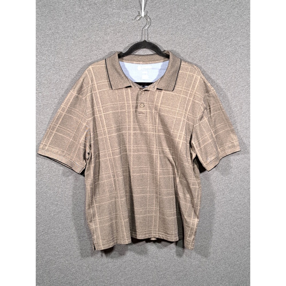 Haggar Mens XL Polo Shirt Brown Tan Plaid Short Sleeve Cotton Blend Casual 0772